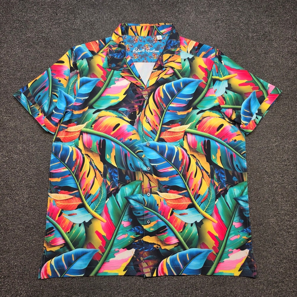 Robert Graham Toucan Mix Hawaiian Shirt Multicolor Mens XL Tropical Loop Collar